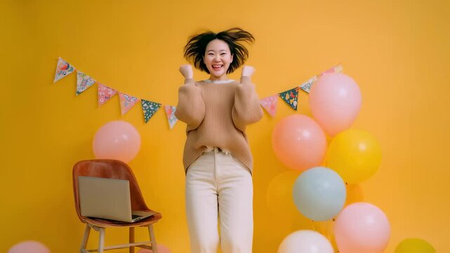 An exuberant young Asian woman jumps up from her chair fists pumped in the air in celebration with her laptop open displaying a successful ecommerce transaction. Balloons and a Congratulations