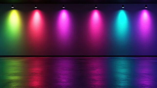 A wall with a row of colorful lights that are turned on. The lights are arranged in a rainbow pattern, with each color shining brightly against the white background. The wall is empty