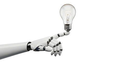 An innovative illustration showing a robot hand holding a light bulb, signifying bright ideas and artificial intelligence concept on a black backdrop, transparent background