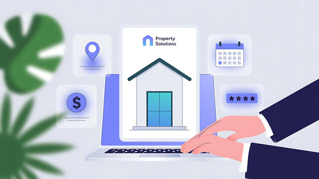 Online Real Estate Solutions Laptop Illustration for Modern Property Management and Investment