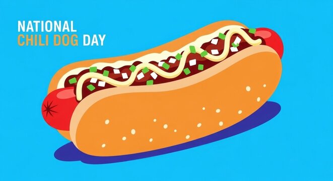 Celebrating National Chili Dog Day with a delicious chili dog topped with everything in a vibrant