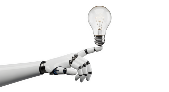 An innovative illustration showing a robot hand holding a light bulb, signifying bright ideas and artificial intelligence concept on a black backdrop, transparent background