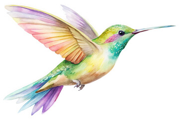 Fototapeta premium Vibrant watercolor hummingbird in flight with rainbow wings isolated on transparent background