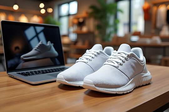 Online Shoe Shopping Experience A Pair of White Sneakers Displayed Next to a Laptop on a Wooden Table in a Store