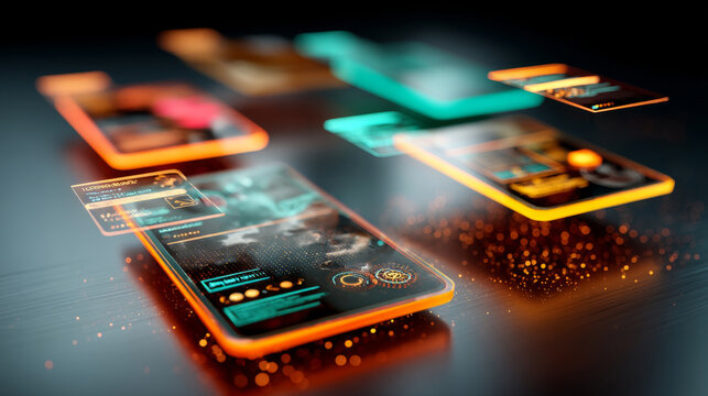 Futuristic user interface concept with glowing digital panels and abstract cybernetic elements in vibrant colors on dark surface