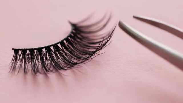 False eyelashes and tweezers on a pink surface for cosmetic use