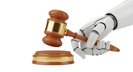 A robotic hand holding a gavel implies the concept of artificial intelligence in legal systems, justice, and modern technology, transparent background