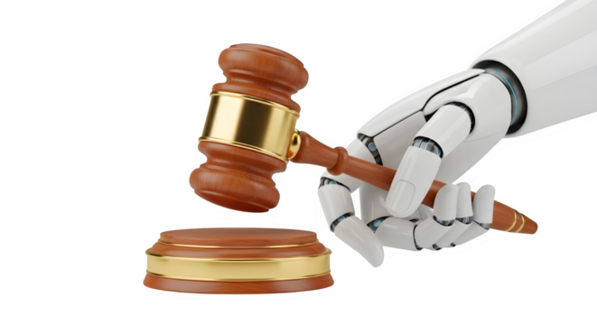 A robotic hand holding a gavel implies the concept of artificial intelligence in legal systems, justice, and modern technology, transparent background - Powered by Adobe