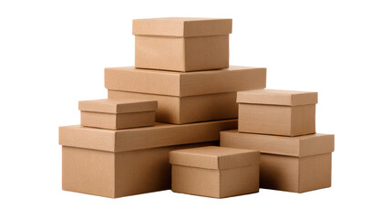 Fototapeta premium Stack of various cardboard boxes on white isolated background.