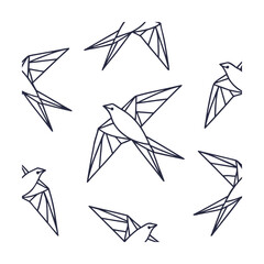 Geometric birds in dark blue arranged in a circular pattern on a line