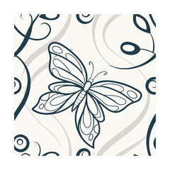 Dark blue butterfly with swirling lines circles on a cream colored Pattern vector