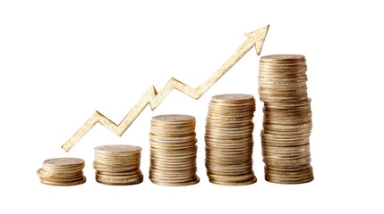 Stacks of coins with an upward arrow indicating financial growth and success.