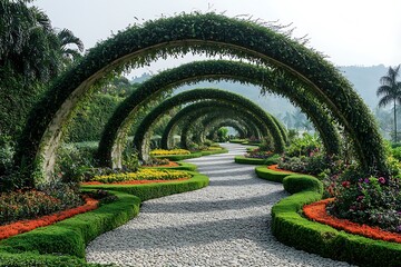 A charming landscape garden with a series of layered hedge trees forming arches, accented by vibrant flower beds and neatly arranged pebbles outlining the paths.