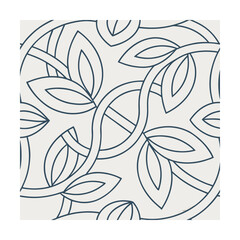 Abstract botanical pattern with leaves intersecting lines in dark blue against a light beige