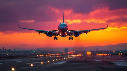 Airplane Landing Sunset, Airport Travel, Flight Aviation