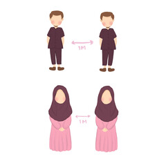 Flat Illustration of Muslim Boys and Girls Practicing 1 Meter Social Distancing
