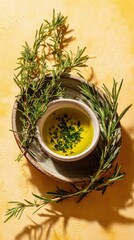 A bowl of olive oil garnished with herbs, surrounded by fresh rosemary sprigs on a rustic plate against a warm yellow background.