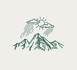 Simple vector illustration, line art of Mountain Ridge under raining clouds and sun.