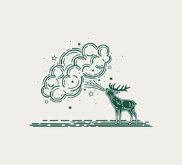 Simple vector line art illustration. Elk stands, lifting head to the sky as it releases a magical breath make swirling clouds with stars. Engraving style, logo.
