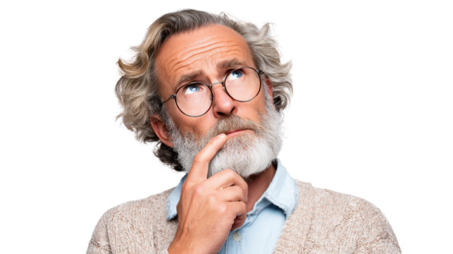 Thoughtful elderly man with glasses, looking up, contemplating ideas, isolated on white background.