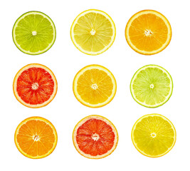 Set of fresh citrus slices isolated on transparent background. Set of round slices of various citrus fruits in png format