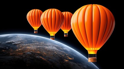 Obraz premium Multiple glowing orange hot air balloons fly above the Earth with visible city lights and a dark space background
