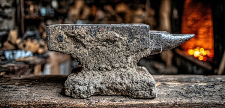 Old anvil on wooden block in blacksmith forge - Powered by Adobe