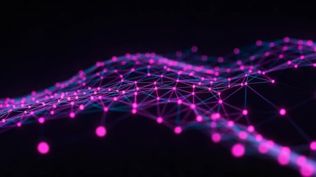 Abstract network animation with glowing nodes and connections, high-tech futuristic background