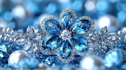 Fototapeta premium Blue Gemstone Flower Brooch on Sparkling Beads