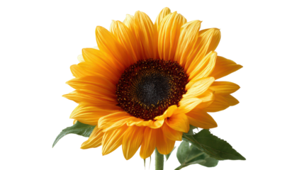 Vibrant sunflower against a white isolate background, showcasing its bright yellow petals and rich brown center.