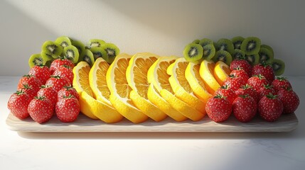 Brightly Lit Fruit Platter Strawberries, Kiwis and Oranges on Wooden Board