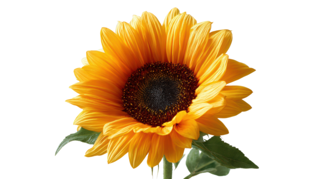 Vibrant sunflower against a white isolate background, showcasing its bright yellow petals and rich brown center.