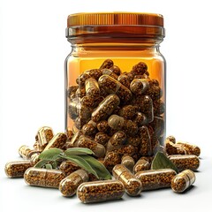 Brown Capsules in Amber Jar with Green Leaves