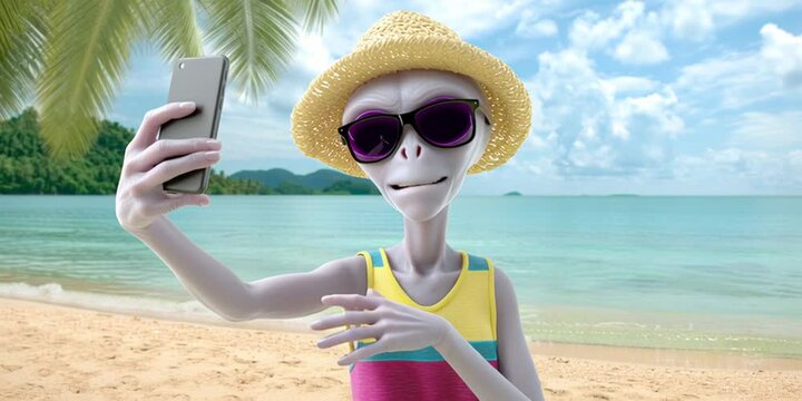 Alien tourist taking selfie at beach on vacation with smartphone