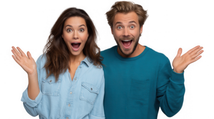 Excited couple with open mouths and raised hands isolated on transparent background