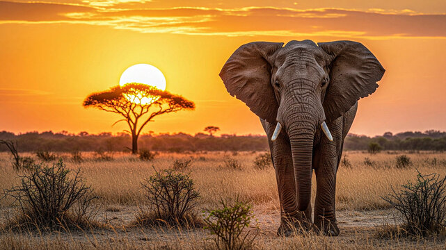 African Elephant at Sunset: Majestic Wildlife Photography, Golden Hour, Serengeti Plains