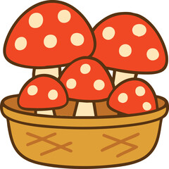 Mushroom Illustration with Red Cap on Green Leaf in Cartoon Style