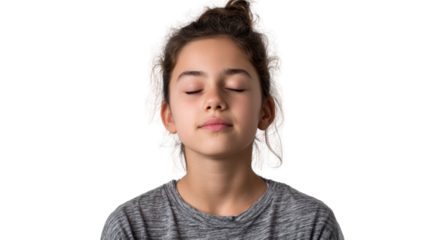Young girl in a peaceful moment, eyes closed, embodying tranquility and mindfulness, white isolated background.