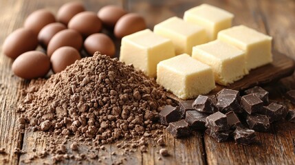 Brown Eggs Cocoa Powder White and Dark Chocolate on Wood