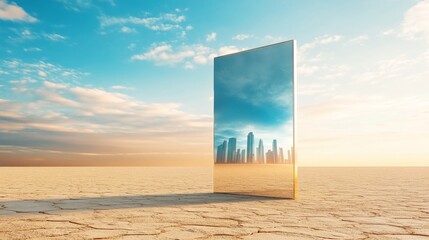 Mirror in barren desert reflecting modern city skyline, surreal visual contrast ideal for conceptual product placement