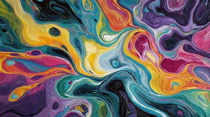 Obraz premium Colorful abstract swirl pattern with vibrant hues and fluid movement in a mix of orange, blue, purple, and yellow tones