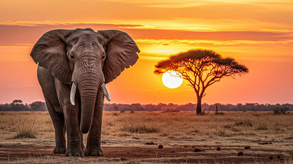 Obraz premium Majestic African Elephant at Sunset, Serengeti Plains, Warm Golden Light, Wildlife Photography