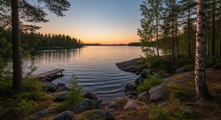 Serene Lake View at Sunset A Lakeside Getaway Surrounded by Woods at Dusk