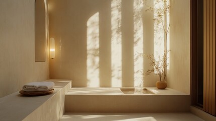 Minimalist Spa Retreat: Sunlight Bathes a Tranquil Bathing Area