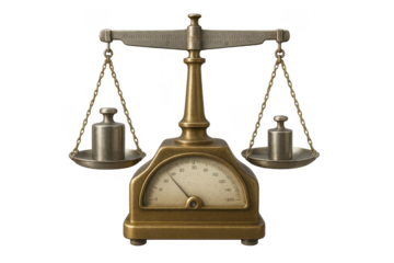 Vintage brass balance scale with weights isolated on transparent background, old