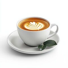 Cappuccino with Latte Art White Cup and Saucer on White Background