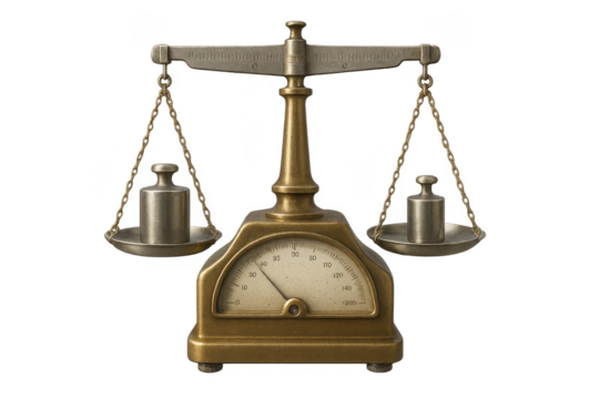 Vintage brass balance scale with weights isolated on transparent background, old