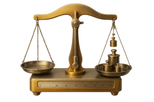 Detailed antique brass balance scales isolated on transparent background image