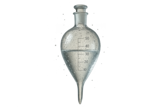 Separatory funnel with water isolated on transparent background, chemistry lab