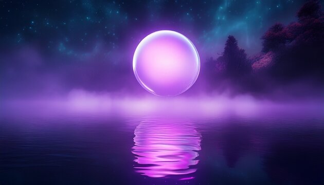 glowing purple orb hovers above a reflective surface in fog